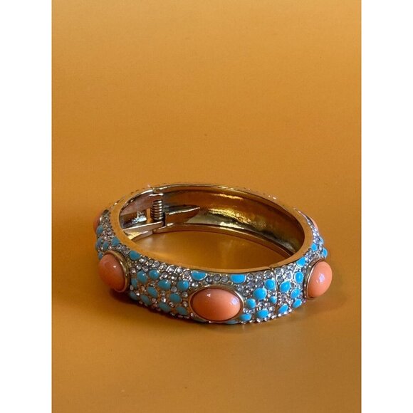 Stella and Dot Turquoise Coral Rhinestone Hinged Bangle Bracelet - Picture 4 of 5
